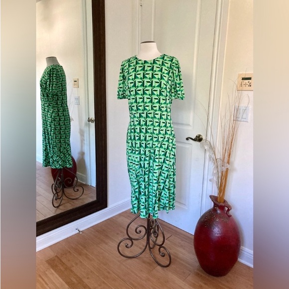 Donna Morgan Jewel Neck Bias Slip Dress with Short Ruched Sleeve and back zipper - Picture 7 of 8